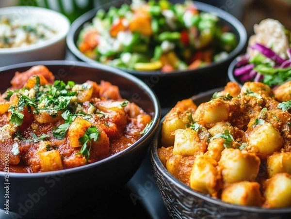 Obraz A fine dining vegan event with fusion dishes such as coconut-based Italian gelato and spicy tofu gnocchi
