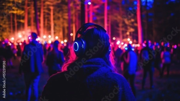 Obraz A forest silent disco under fairy lights with glowing headphones and nature-inspired music channels