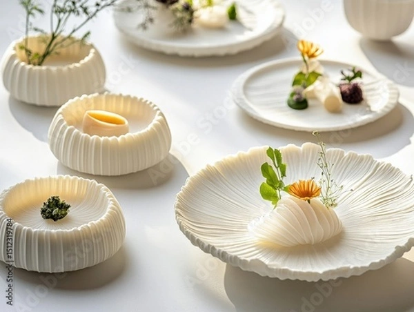 Obraz A futuristic fusion dining experience with 3D-printed food served on traditional ceramic tableware