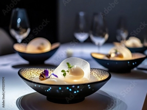 Obraz A futuristic fusion dining experience with 3D-printed food served on traditional ceramic tableware