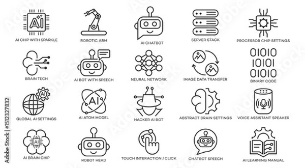 Fototapeta A collection of line icons depicting various AI concepts robots, chatbots, neural networks, chips, binary code, and more. Simple, modern style.