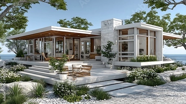 Fototapeta Modern beach house with glass facade and garden elegance high resolution picture