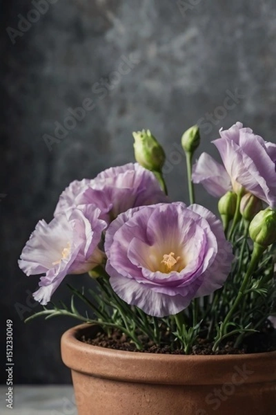 Obraz Eustoma soft purple blooming in a pot, close-up, professional photo, stock photo