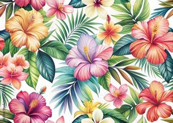 Obraz Vibrant tropical hibiscus and palm leaf pattern