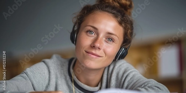 Obraz Engaged disabled student participating in online learning with headphones for inclusive education