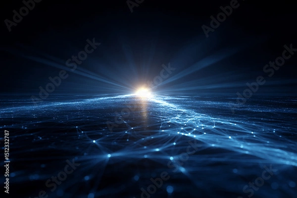 Fototapeta Abstract blue network connecting luminous nodes, converging towards a bright light source, symbolizing connectivity, technology, and future innovation