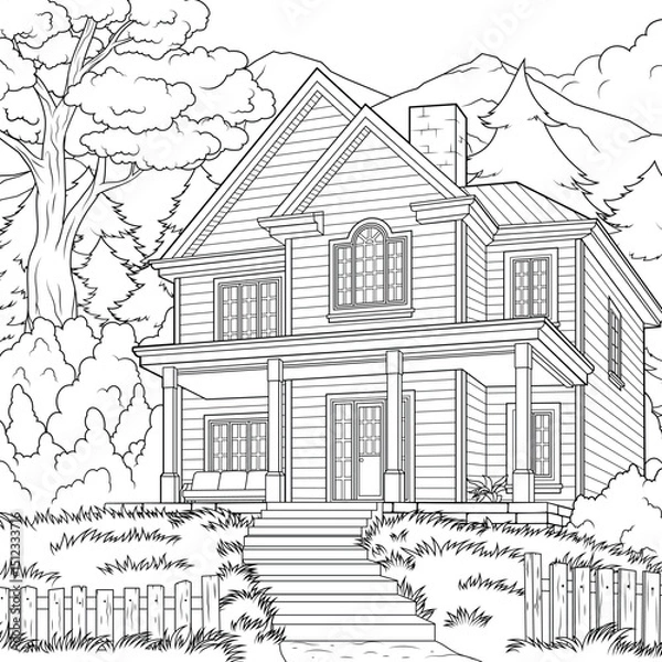 Fototapeta Vector illustration, cozy house in the mountains