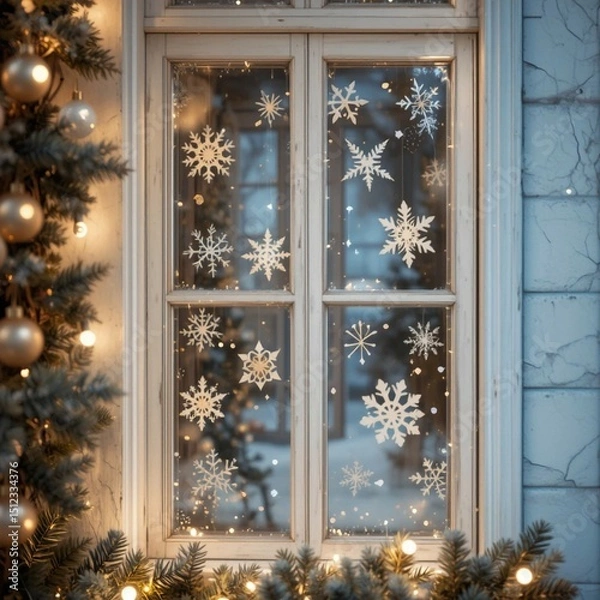 Obraz Window with white wooden frame, close-up, decorated with paper snowflakes on glass and garland around the window