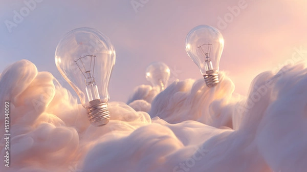 Fototapeta Glass lightbulbs rest on soft, white, cloud-like forms against a pastel sky, symbolizing ideas, inspiration, and innovation