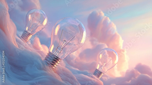 Fototapeta Glass lightbulbs nestled in soft, pastel clouds, symbolizing new ideas, innovation, and inspiration floating in a dreamy atmosphere