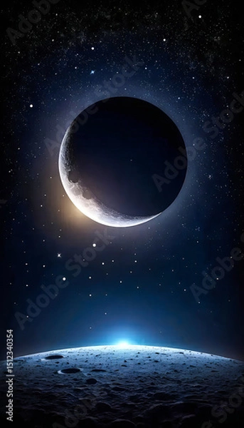 Fototapeta Crescent Moon Above a Lunar Horizon deep space, Majestic Crescent Moon Illuminating in the night sky filled with numerous stars and cosmic Eclipse light, Mobile Wallpaper.