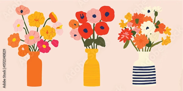 Obraz Three vibrant bouquets of assorted flowers sit proudly in colorful vases against a soft, pastel background. Each arrangement showcases a unique blend of blossoms.