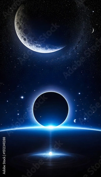 Fototapeta Crescent Moon Above a Lunar Horizon deep space, Majestic Crescent Moon Illuminating in the night sky filled with numerous stars and cosmic Eclipse light, Mobile Wallpaper.