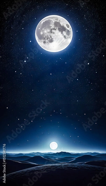 Fototapeta Crescent Moon Above a Lunar Horizon deep space, Majestic Crescent Moon Illuminating in the night sky filled with numerous stars and cosmic Eclipse light, Mobile Wallpaper.