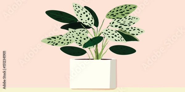Obraz An illustration of a beautifully detailed potted houseplant. The plant displays striking green leaves adorned with intricate spots, nestled in a stylish, modern white pot.