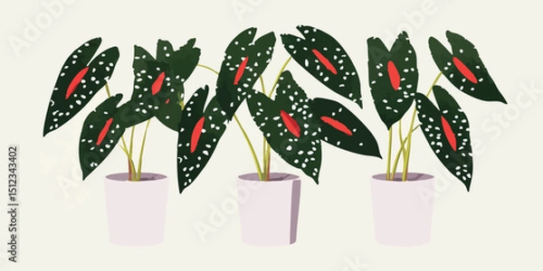 Obraz Vibrant potted plants of eye-catching green foliage, red patterns and delicate white spots, creating a captivating illustration in a stylized botanical arrangement. 