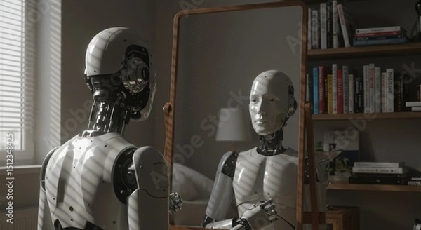 Obraz Android examines its face in the home mirror.