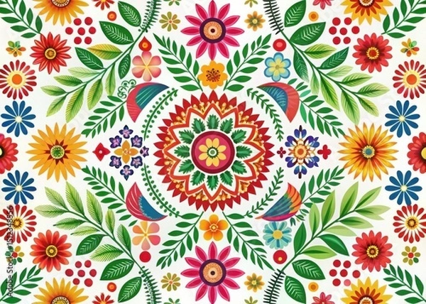 Obraz Vibrant floral pattern with birds and leaves