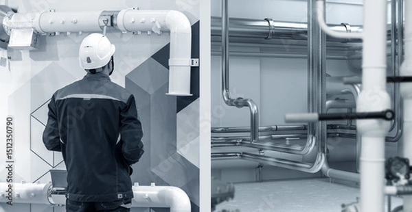 Obraz Technical diagnostics gas detector. Device for finding gas leaks. Technical diagnostics of pipes after installation. Gas company employee is looking for propane leak. Energy infrastructure security