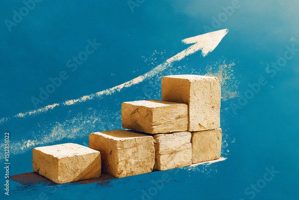 Fototapeta Beige blocks forming an upward trend against a blue background, symbolizing growth, success, and progress in business