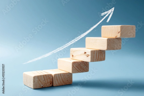 Fototapeta Wooden blocks forming ascending stairs with a white upward arrow, symbolizing growth, progress, and success in business or career