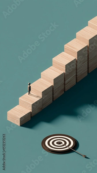 Fototapeta Miniature figure ascending wooden steps toward a target, symbolizing progress, achievement, and goal attainment.  Success concept