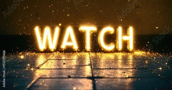 Fototapeta Bright word WATCH illuminated on tiled surface. Golden light creates dramatic effect, dark background enhances glow.
