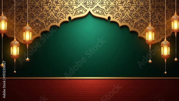 Fototapeta Elegant golden vintage floral damask frame for a luxurious stage background with a chandelier