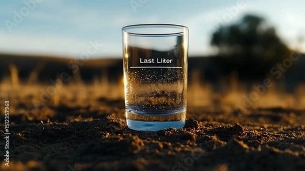 Fototapeta Glass of water on ground hydration thirst refreshment drinkable clear liquid potable nature desert landscape