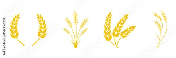 Obraz Wheat wreaths and grain spikes set icons. Gold wheat silhouette collection. Wheat or rice icon symbol. Vector illustration.