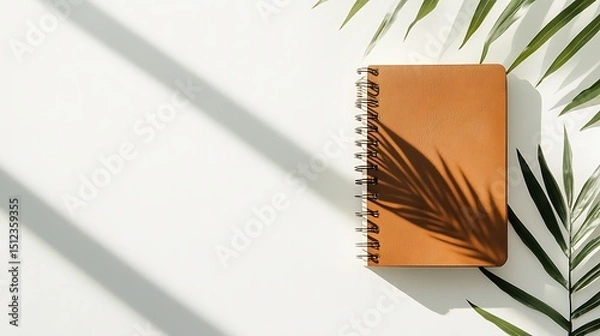 Fototapeta Notebook journal mockup with palm leaves and shadow for branding identity presentation design