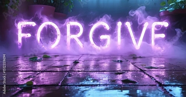 Fototapeta Neon sign spells FORGIVE. Wet tiles reflect purple light, smoke fills space. Plants visible, dark background creates mood.