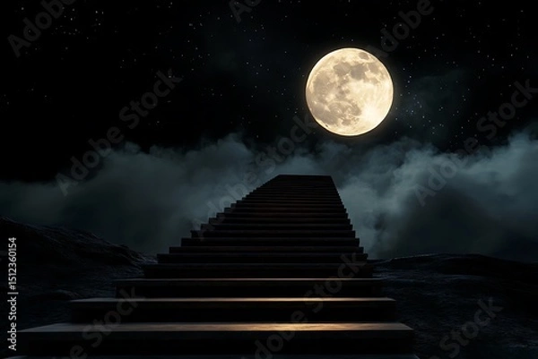 Fototapeta Stairway to heaven under moonlight night sky with stars and clouds dreamy fantasy background image