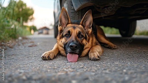 Fototapeta German shepherd dog resting under car on asphalt road in summer heat looking tired with tongue out animal pet