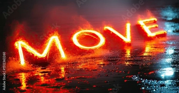 Fototapeta Fiery word MOVE reflected on wet asphalt. Dramatic lighting, intense colors, captivating visual effect.