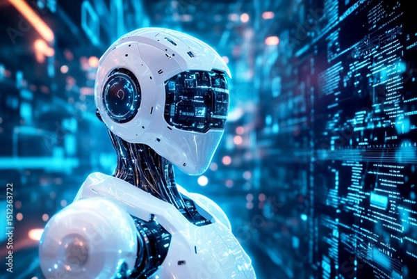 Obraz Futuristic AI banner. A humanoid robot face with a hologram interface, representing artificial intelligence, cyber security, and digital connection