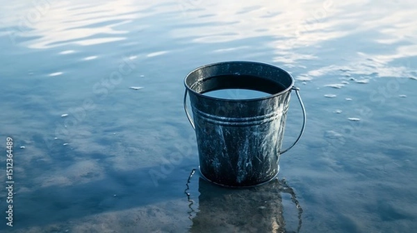 Fototapeta Bucket filled with water on a reflective surface still life water bucket metal container reflection 100