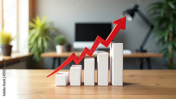 Obraz Red arrow over bar graph on wooden desk. Business growth, financial success, stock market upward trend, data analytics.
