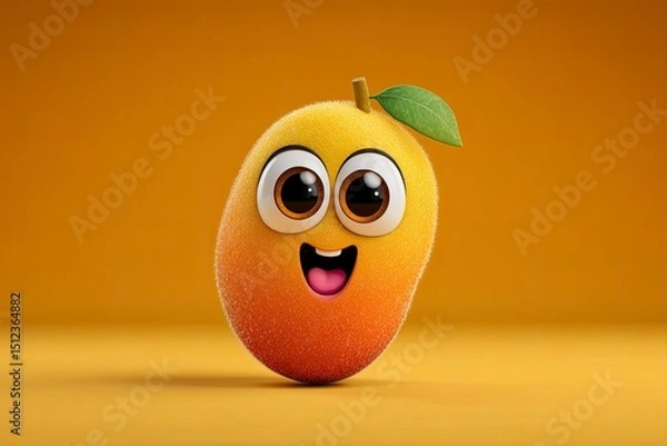 Fototapeta A cheerful cartoon mango character with big sparkling eyes and a wide friendly smile, vibrant colors