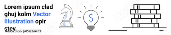 Fototapeta Chess knight inspiration, illuminated lightbulb with a dollar sign, neat stack of blocks. Ideal for strategy, finance, creativity, innovation, decision-making, organization simple landing page
