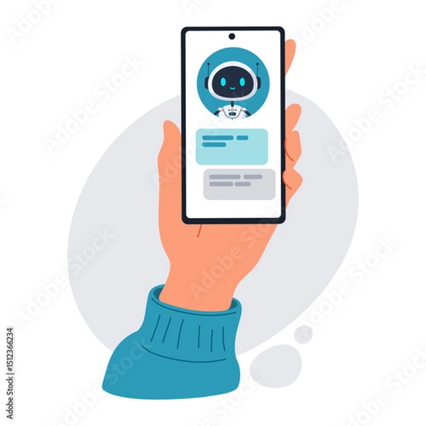 Fototapeta Chatbot assistant on smartphone screen. Hand holding mobile device with AI robot chat interface. Virtual assistant technology and smart customer support. Flat vector illustration