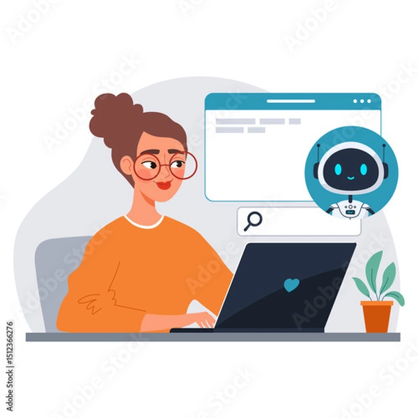 Fototapeta Young woman using laptop with chatbot assistant. AI-powered virtual assistant helps with search and productivity. Modern flat vector illustration of of virtual tech support