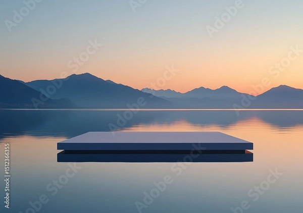 Obraz Platform on lake with distant mountains at sunset