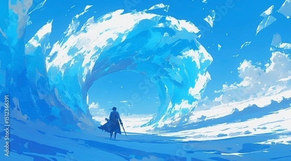 Obraz Solitary figure centered in swirling blue-white ice wave, anime-inspired dynamic concept art, low-angle wide shot, textured digital painting, frozen vortex