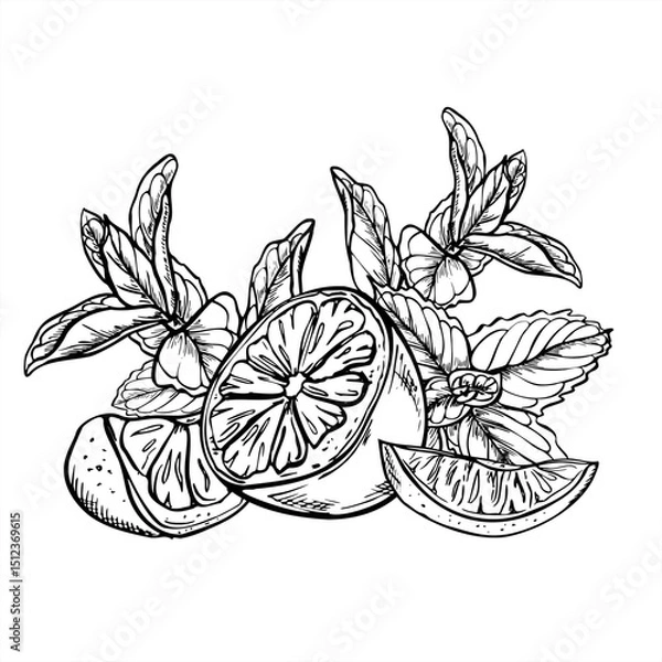 Fototapeta Monochrome vector lemon and lime slices with mint and melissa branches illustration in linear style. Etching drawing of citrus with herbs for beverage packaging, summer cocktail designs, kitchen decor