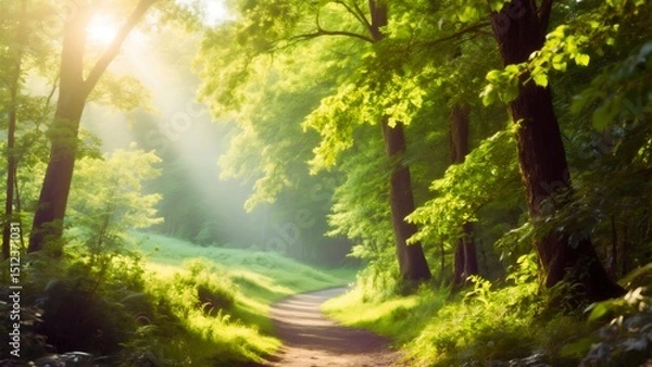 Fototapeta Sunlight shining through the trees along a forest path in a lush green landscape