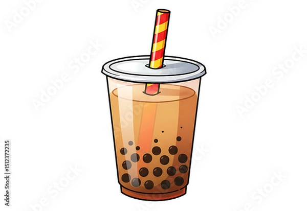 Obraz Delicious brown bubble tea drink in plastic cup with tapioca pearls and striped straw illustration isolated on a transparent background