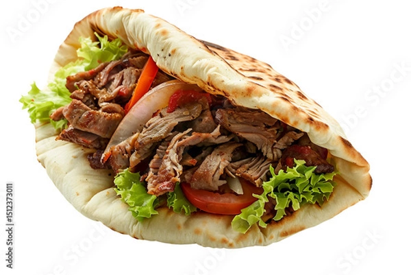 Obraz Perfectly prepared shawarma in pita bread with tangy sauces and vegetables isolated on transparent background