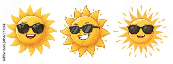 Obraz Cool smiling cartoon sun characters wearing sunglasses for summer fun and bright weather themes isolated on a transparent background