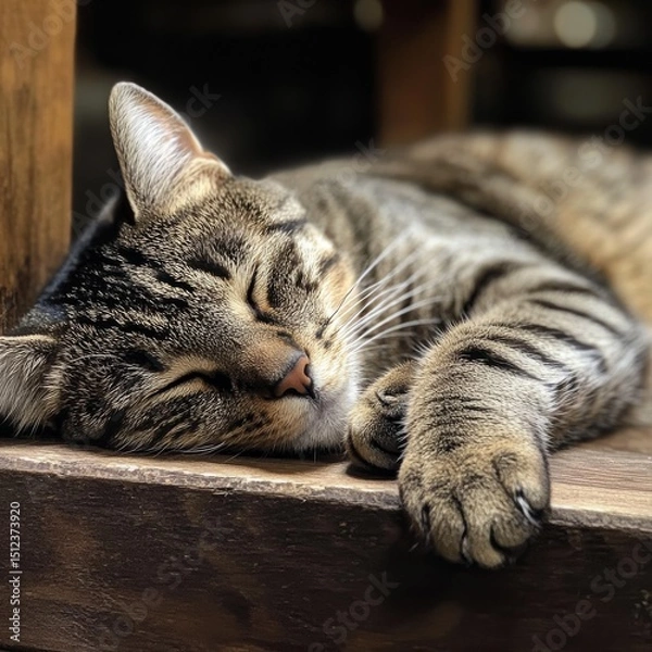 Fototapeta A tabby cat is peacefully sleeping on a rustic wooden surface. The cat looks relaxed and comfortable, with its legs curled and eyes closed, enjoying a quiet nap in a cozy corner.

